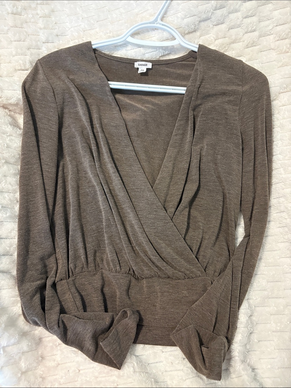 Garage Brown Wrap-Front Smooth Long Sleeve Top